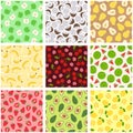 Set of bright seamless fruits patterns - hand drawn cartoon design. Repeatable summer backgrounds. Vibrant endless Royalty Free Stock Photo
