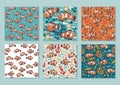 Set of 6 bright seamless patterns with clown fish. Vector graphics Royalty Free Stock Photo