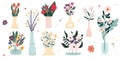 Set of bright spring flowers in vases and bottles isolated on a white background. Cartoon flat vector illustration. Royalty Free Stock Photo