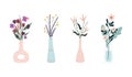 Set of bright spring flowers in vases and bottles isolated on a white background. Cartoon flat vector illustration. Royalty Free Stock Photo