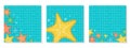 Set of bright square banners. Hello summer. Multicolored starfishes on a blue background. Template for post and advertising on