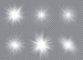 Set of bright stars. Sunlight translucent special design light effect on a transparent background. Vector illustration.