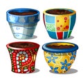 Set of bright stylish ceramic flower pots isolated on white background. Vector illustration.