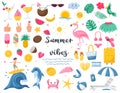 A set of bright summer decorative elements. Fruit, beach accessories, flamingo, surfer, fruit. Cute vector illustrations in Flat Royalty Free Stock Photo