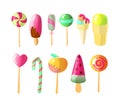 Set of bright vector candies, Ice creams Set of colorful lollipops and Ice-cream, cartoon illustration. Round and heart