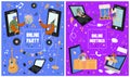 Set of bright vector flat posters about online meetings with friends and online party