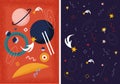 Set of bright vector space posters with planet, stars, meteorites and geometric shapes. Space texture backgrounds. Starry sky and Royalty Free Stock Photo