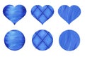 A set of bright watercolor elements for design: blue hearts and circles filled with an abstract background. Isolated over white Royalty Free Stock Photo