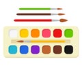 Set of bright watercolor paints in box with paint brushes. Colorful palette. Tools and accessories for designer Royalty Free Stock Photo