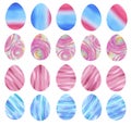 Set of colorful watercolor blue and pink Easter eggs on a white background. Bright symbols, holiday icons with gradient