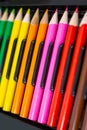 Set of bright wooden colored pencils laid out in a row with a dark background. Royalty Free Stock Photo