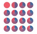 Set of brightly colored pie charts. Circle segments set. Fraction mathematics. Infographics circuit process