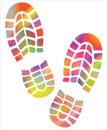 A set of brightly colored sneaker or boot prints isolated on white