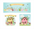 A set of brightly, colorful easter banners with eggs. Vector illustration with cute houses. Banner for sale. Template