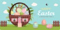 A set of brightly painted Easter eggs and a cute little house in flowers. Vector illustration with a happy Easter wish Royalty Free Stock Photo