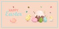 A set of brightly painted Easter eggs. Vector illustration with a happy Easter wish. Flat design featuring hares Royalty Free Stock Photo