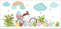 A set of brightly painted Easter eggs and bunnies. Vector illustration with a happy Easter wish. Flat design featuring Royalty Free Stock Photo