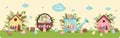 A set of brightly painted Easter eggs and a cute little house in flowers. Vector illustration with a happy Easter wish Royalty Free Stock Photo