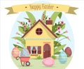 A set of brightly painted Easter eggs and a cute little house in flowers. Vector illustration with a happy Easter wish Royalty Free Stock Photo