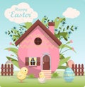 A set of brightly painted Easter eggs and a cute little house in flowers. Vector illustration with a happy Easter wish Royalty Free Stock Photo