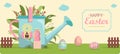 A set of brightly painted Easter eggs and a cute little house in flowers. Vector illustration with a happy Easter wish Royalty Free Stock Photo