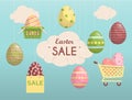 A set of brightly painted Easter eggs. Vector illustration with a happy Easter wish. Banner for sale. Flat design Royalty Free Stock Photo