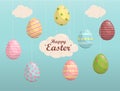 A set of brightly painted Easter eggs. Vector illustration with a happy Easter wish. Flat design featuring hares Royalty Free Stock Photo
