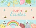 A set of brightly painted Easter eggs. Vector illustration with a happy Easter wish. Flat design featuring hares Royalty Free Stock Photo