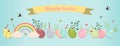 A set of brightly painted Easter eggs. Vector illustration with a happy Easter wish. Flat design featuring hares Royalty Free Stock Photo