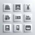 Set Brochure, Lifeboat, Cruise ship, ticket, and Towel on hanger icon. Vector Royalty Free Stock Photo