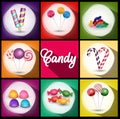 Set of brochures with sweets. Backgrounds with ice cream, candies, lollipop.
