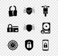 Set Broken or cracked lock, Cyber security, Scooter, Time Management, Shield with and Smartphone icon. Vector Royalty Free Stock Photo