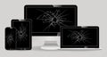 Set of broken display laptop, tablet, computer lcd, smartphone Royalty Free Stock Photo