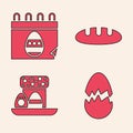 Set Broken egg, Calendar with Easter egg, Bread loaf and Easter cake and eggs icon. Vector Royalty Free Stock Photo