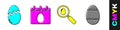 Set Broken egg, Calendar with Easter egg, Search and easter egg and Easter egg icon. Vector. Royalty Free Stock Photo