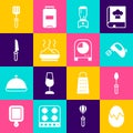 Set Broken egg, Teaspoon, Electric mixer, Blender, Bowl of hot soup, Knife, Barbecue spatula and Kitchen timer icon