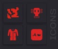 Set Broken flask, Gaseous, mask and Laboratory uniform icon. Vector