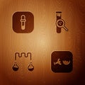 Set Broken flask, Pipette, Test tube and and on wooden background. Vector