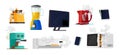 Set of Broken Home Appliances, Damaged Blender, Coffee Machine, Pc Monitor and Electric Kettle, Conditioner, Old Things