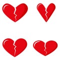 Set of broken red hearts. Valentine`s Day. Flat style isolated on white background. Vector Royalty Free Stock Photo