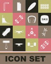 Set Broken skateboard, Tool allen keys, Skateboard, Longboard or, park, and Headphones icon. Vector