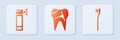 Set Broken tooth, Bottle with nozzle spray and Toothbrush. White square button. Vector