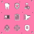 Set Broken tooth, Dental protection, User, Laptop with dental card, Clipboard and Camera film roll cartridge icon Royalty Free Stock Photo