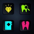 Set Broken tooth, Diamond teeth, Clipboard with dental card and Dental search. Black square button. Vector