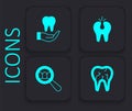 Set Broken tooth, Tooth, and Dental search icon. Black square button. Vector