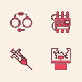 Set Broken window, Handcuffs, Dynamite timer clock and Syringe icon. Vector Royalty Free Stock Photo