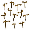 Set of brown arrows pointers on curved posts isolated on white. Post with direction pointer