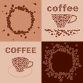 Set of brown backgrounds with cups and coffee grains - vector Royalty Free Stock Photo