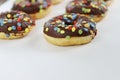 Set of Brown chocolate donut decorated with smarties isolated on white background side view. Fried dough confection, dessert food Royalty Free Stock Photo