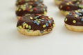 Set of Brown chocolate donut decorated with smarties isolated on white background side view. Fried dough confection, dessert food Royalty Free Stock Photo